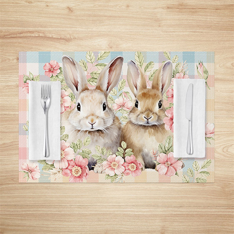 Lofaris Spring Pink Floral Bunny Easter Set Of 4 Placemats