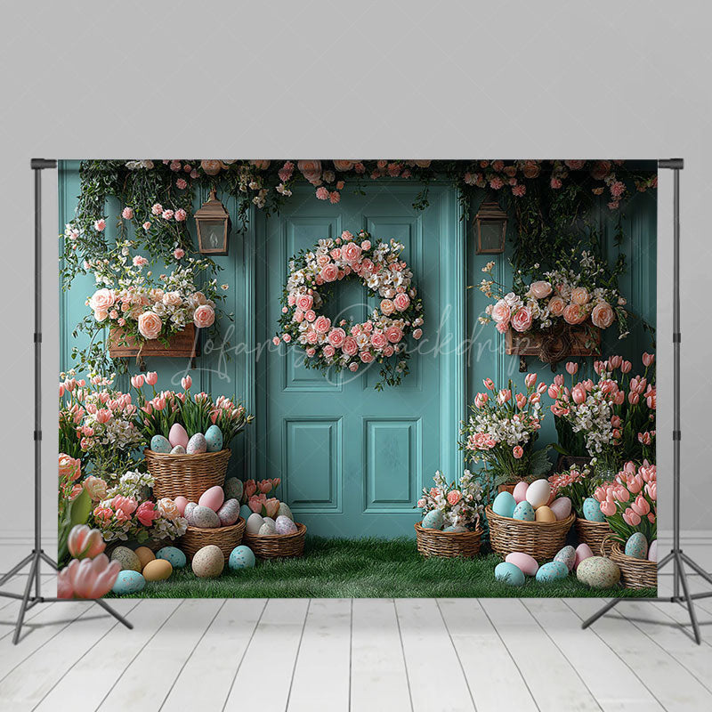 Lofaris Spring Pink Floral Eggs Blue Wall Easter Backdrop