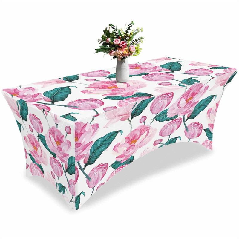 Lofaris Spring Pink Flower Green Leaves Stretch Table Cover