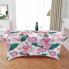 Lofaris Spring Pink Flower Green Leaves Stretch Table Cover