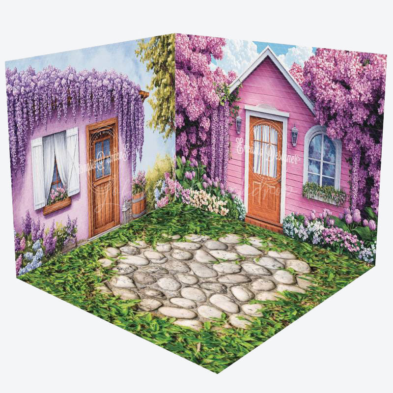 Lofaris Spring Purple Floral Garden Cabin Room Set Backdrop