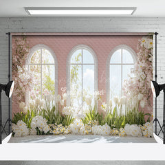 Lofaris Spring Warm Pink Window Scene Floral Photo Backdrop