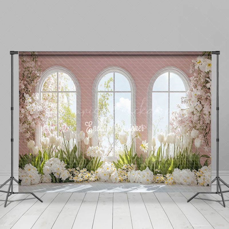 Lofaris Spring Warm Pink Window Scene Floral Photo Backdrop