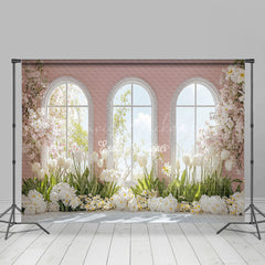 Lofaris Spring Warm Pink Window Scene Floral Photo Backdrop