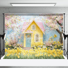 Lofaris Spring Yellow Pink Cabin Floral Scenery Backdrop