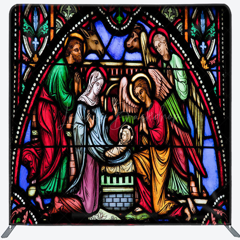 Lofaris Stained Glass Nativity Christmas Pillow Case Backdrop