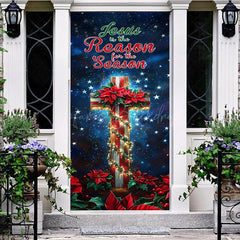 Lofaris Starry Night Cross Red Floral Christmas Door Cover