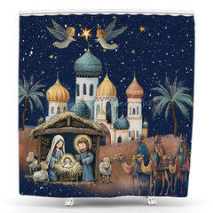 Lofaris Starry Night Nativity Shed Christmas Shower Curtain