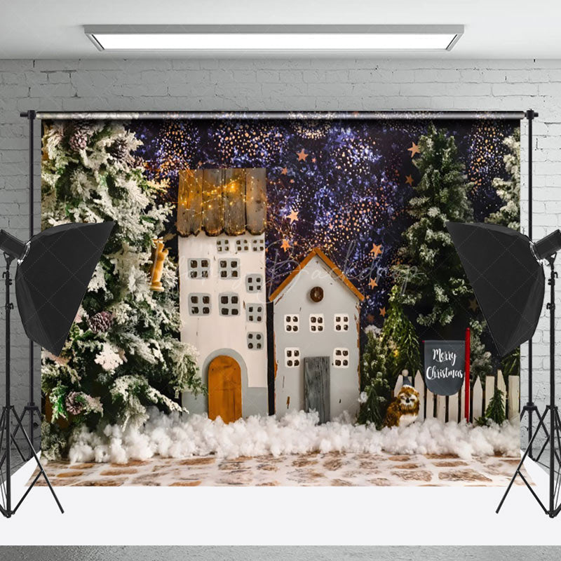 Lofaris Starry Night Snowy House Tree Christmas Backdrop