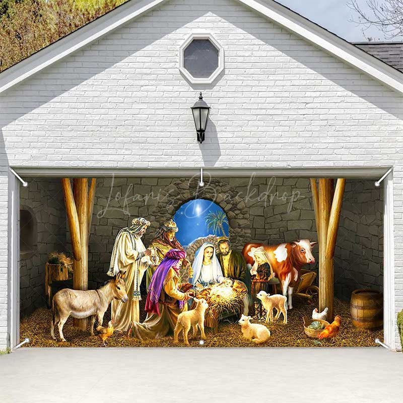 Lofaris Starry Night Stone Shed Nativity Garage Door Banner