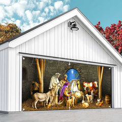 Lofaris Starry Night Stone Shed Nativity Garage Door Banner