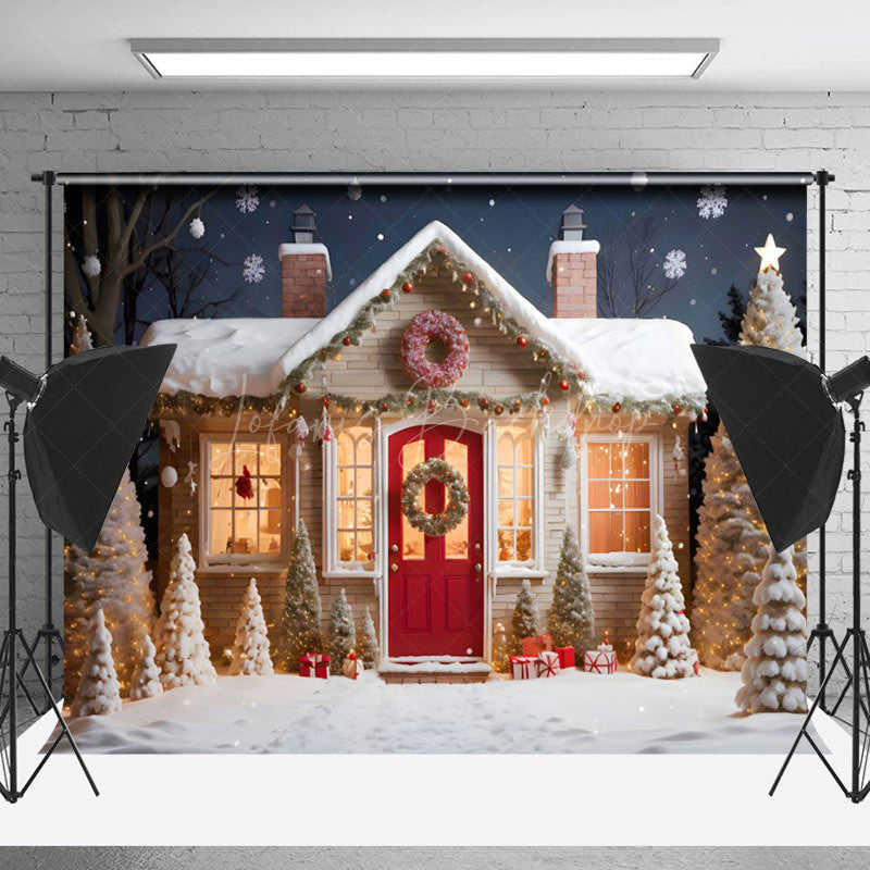 Lofaris Starry Snowy Night House Merry Christmas Backdrop