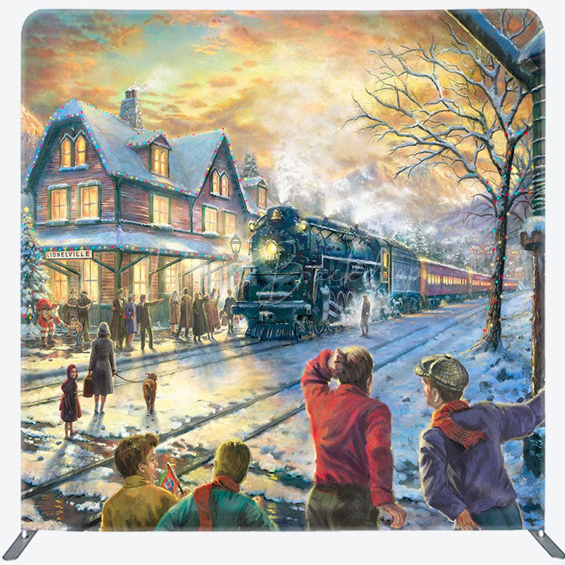 Lofaris Steam Train Path Winter Xmas Pillow Case Backdrop