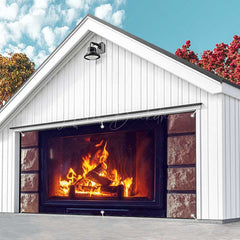 Lofaris Stone Fireplace Red Burning Wood Garage Door Banner