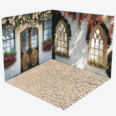 Lofaris Stone Floor White House Floral Room Set Backdrop