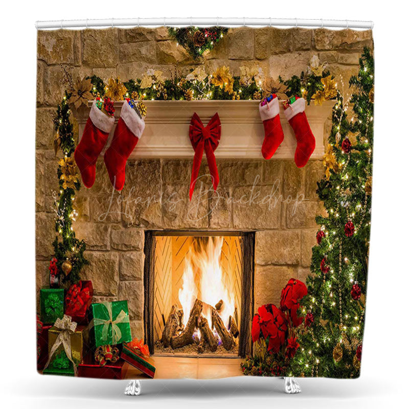 Lofaris Stone Wall Fireplace Sock Christmas Shower Curtain