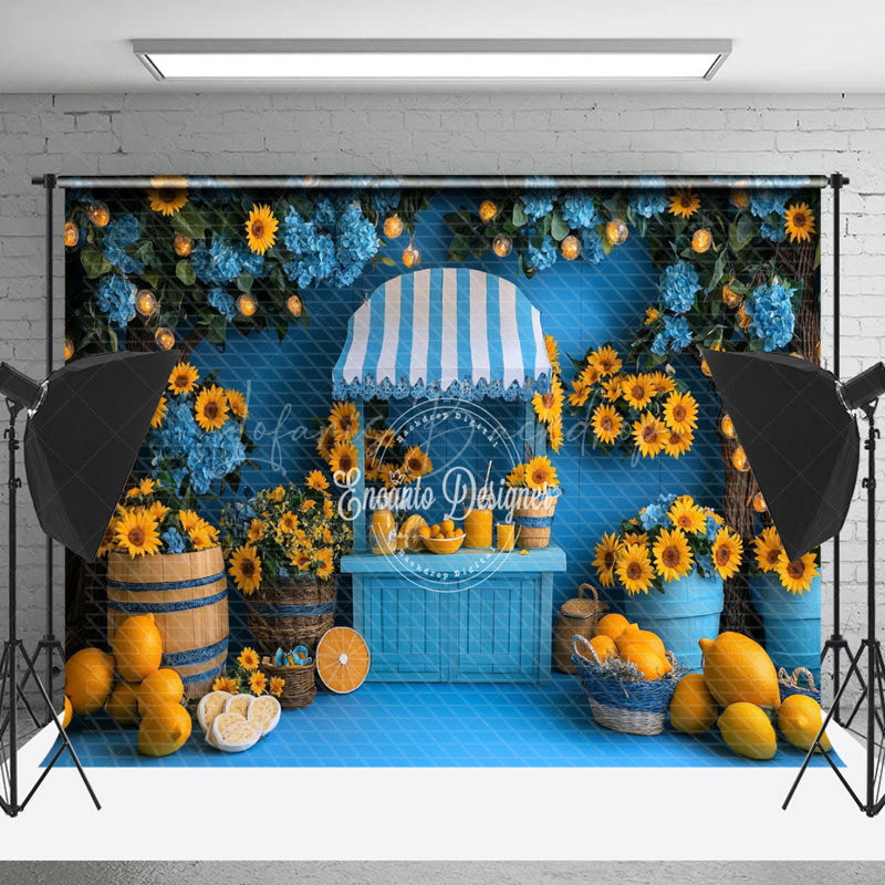 Lofaris Sunflower Blue Summer Lemonade Stand Photo Backdrop