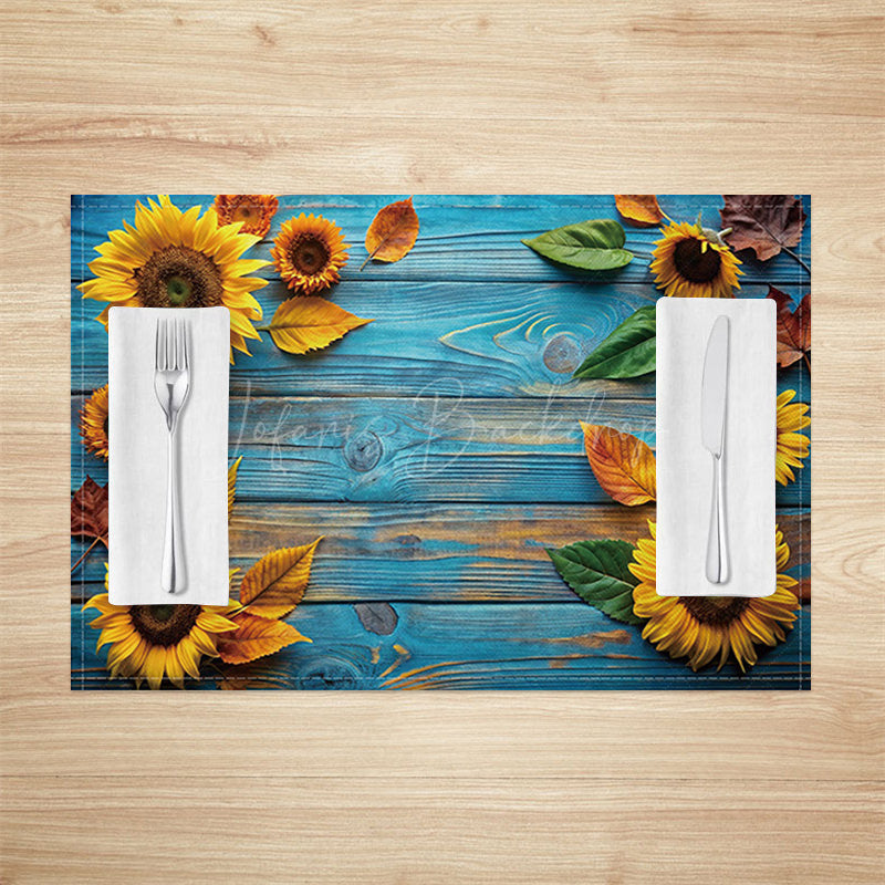 Lofaris Sunflower Retro Blue Wood Grain Set Of 4 Placemats