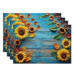 Lofaris Sunflower Retro Blue Wood Grain Set Of 4 Placemats