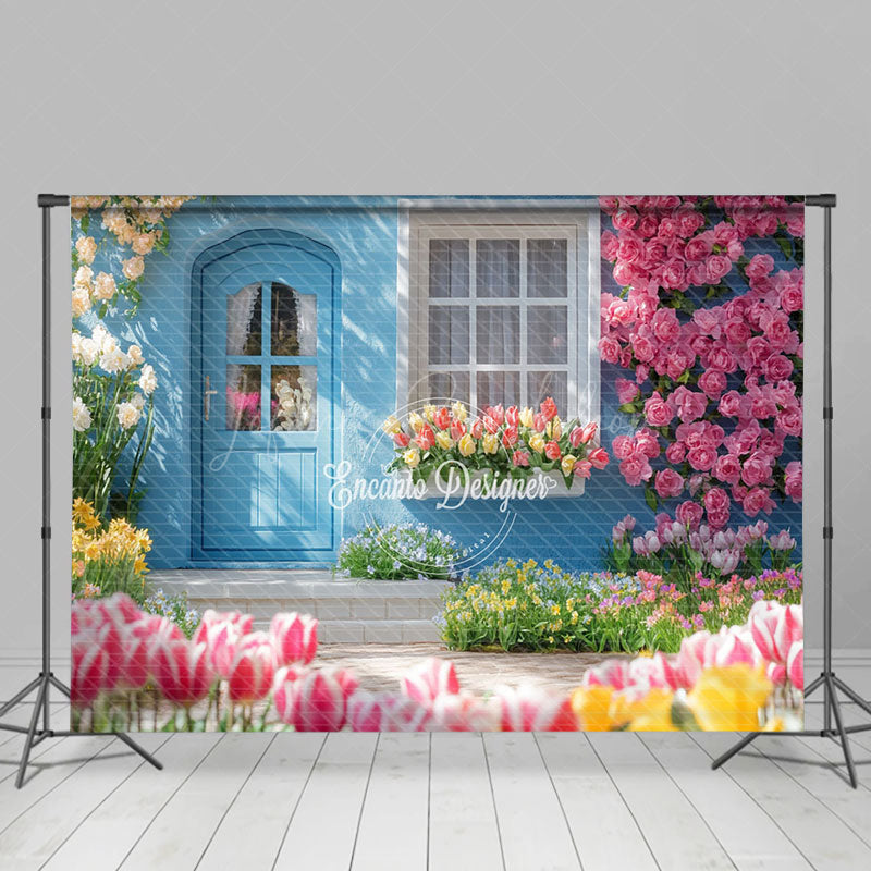 Lofaris Sunlight Spring Blue Cabin Colorful Floral Backdrop