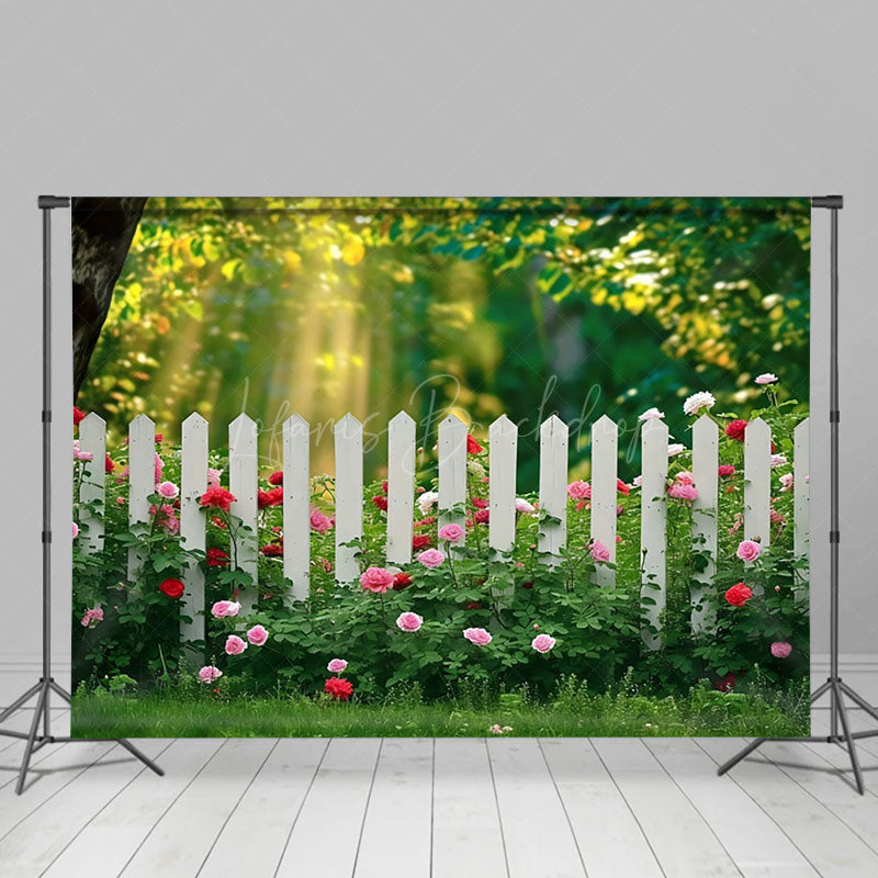 Lofaris Sunlight Spring Greenery Floral Garden Fence Backdrop