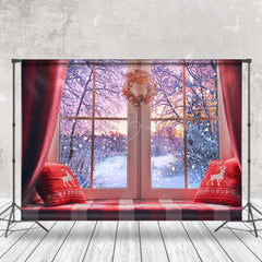 Lofaris Sunset Forest Cozy Bay Window Christmas Backdrop