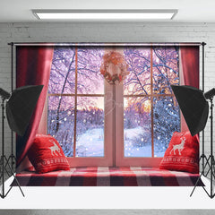 Lofaris Sunset Forest Cozy Bay Window Christmas Backdrop