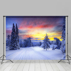 Lofaris Sunset Glow Winter Snowy Field Trees Photo Backdrop