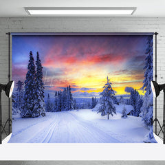 Lofaris Sunset Glow Winter Snowy Field Trees Photo Backdrop