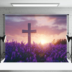 Lofaris Sunset Sky Cross Purple Floral Field Easter Backdrop