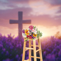 Lofaris Sunset Sky Cross Purple Floral Field Easter Backdrop