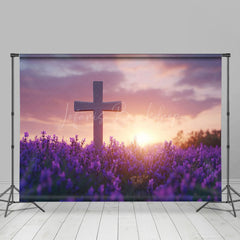 Lofaris Sunset Sky Cross Purple Floral Field Easter Backdrop