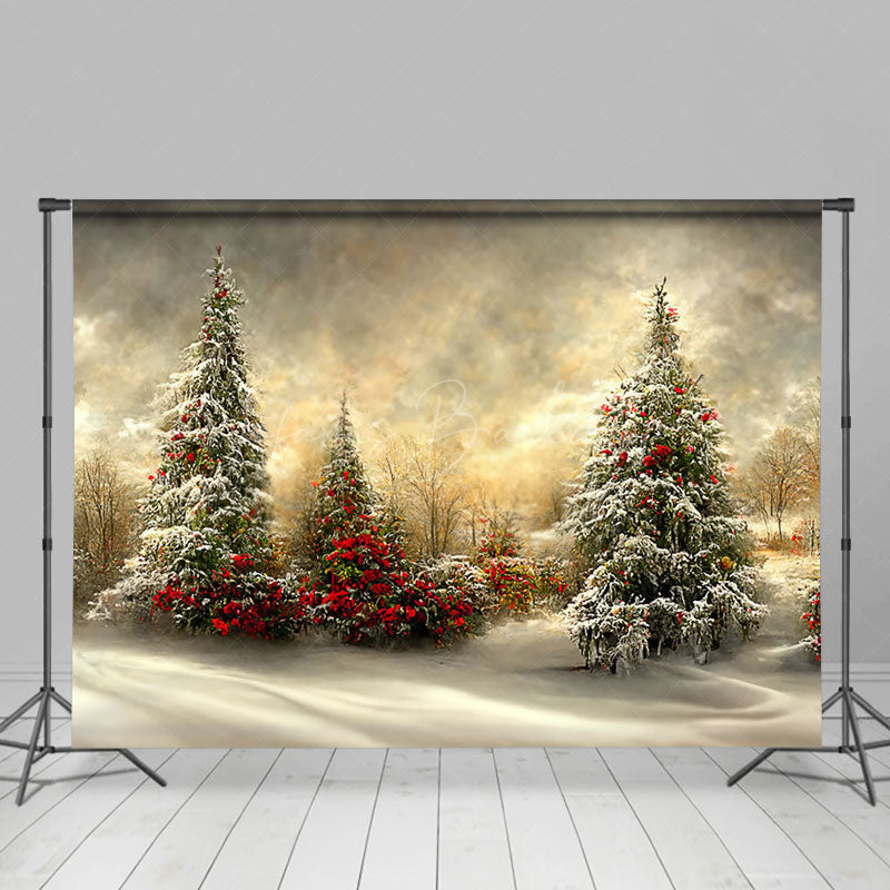 Lofaris Sunset Snowy Pine Trees Festive Christmas Backdrop