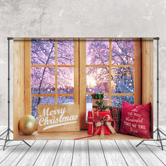 Lofaris Sunset Snowy Scene Wooden Window Christmas Backdrop