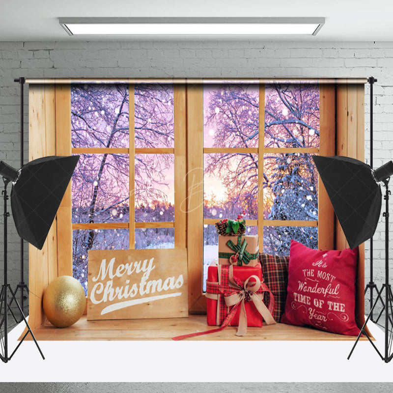 Lofaris Sunset Snowy Scene Wooden Window Christmas Backdrop