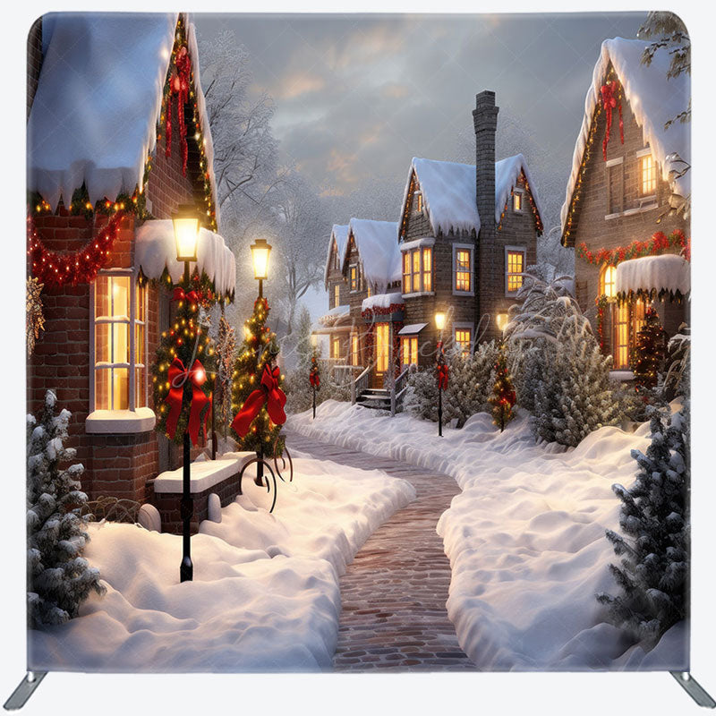 Lofaris Sunset Snowy Town Street Christmas Tension Backdrop