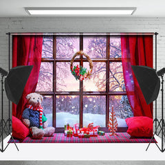 Lofaris Sunset Snowy Window Scene Merry Christmas Backdrop