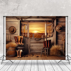 Lofaris Sunset Western Cowboy Cabin Hay Boots Wood Backdrop