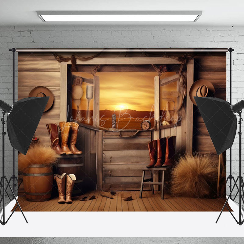 Lofaris Sunset Western Cowboy Cabin Hay Boots Wood Backdrop