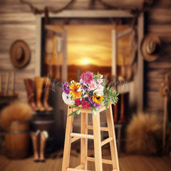 Lofaris Sunset Western Cowboy Cabin Hay Boots Wood Backdrop