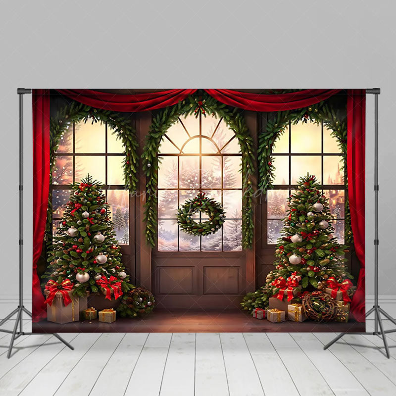 Lofaris Sunset Winter Forest Arch Window Wreath Xmas Backdrop