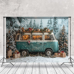 Lofaris Teal Minibus Snowy Pine Forest Christmas Backdrop