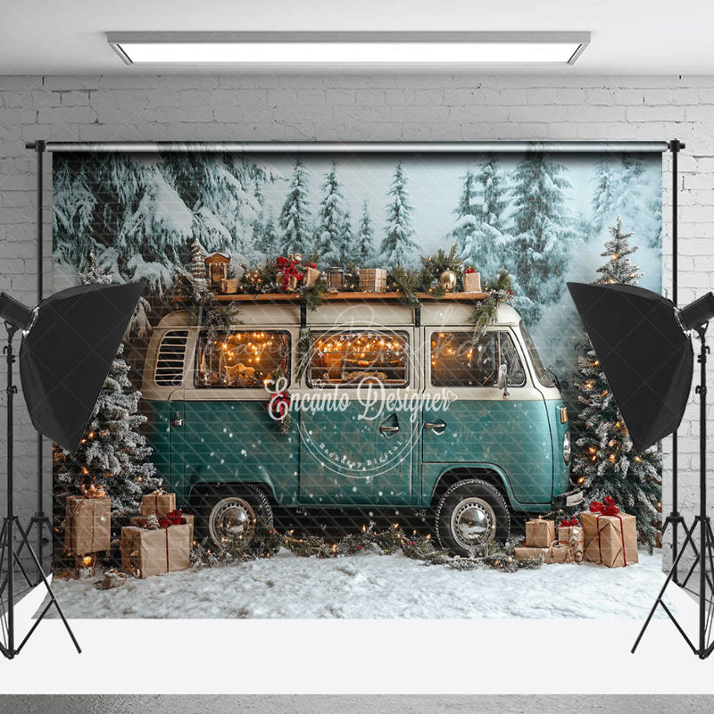 Lofaris Teal Minibus Snowy Pine Forest Christmas Backdrop