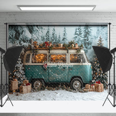 Lofaris Teal Minibus Snowy Pine Forest Christmas Backdrop