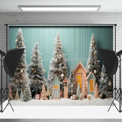 Lofaris Teal Wall Pine Trees House Christmas Photo Backdrop