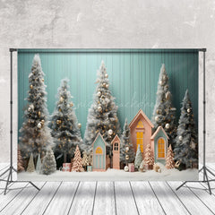 Lofaris Teal Wall Pine Trees House Christmas Photo Backdrop