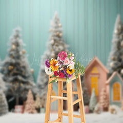 Lofaris Teal Wall Pine Trees House Christmas Photo Backdrop