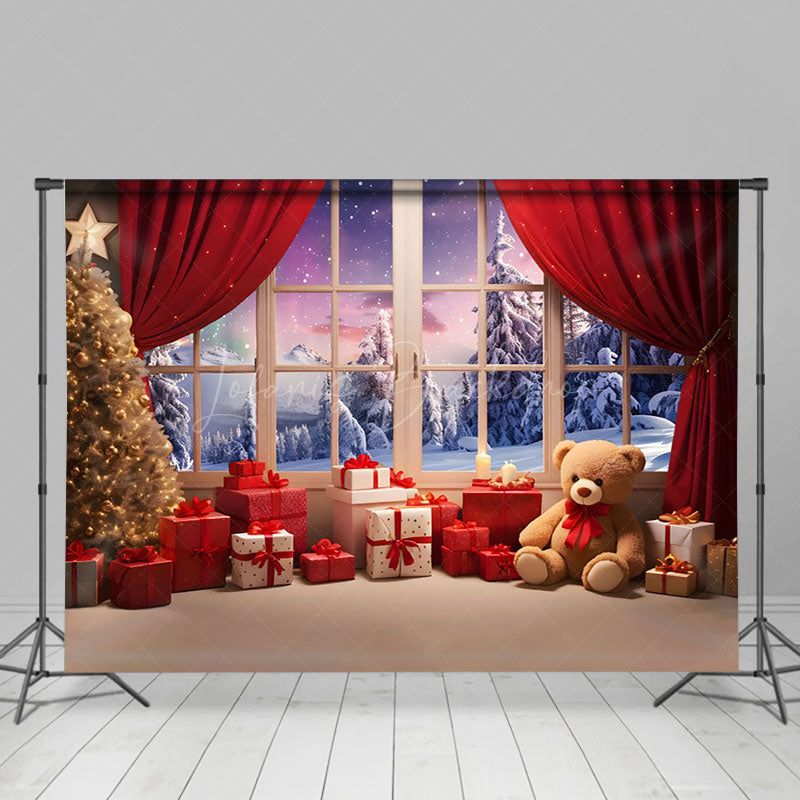 Lofaris Teddy Bear Window Curtain Aurora Christmas Backdrop