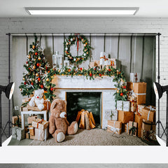 Lofaris Teddy Bear Wood Wall Fireplace Christmas Backdrop