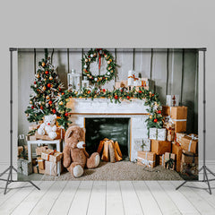 Lofaris Teddy Bear Wood Wall Fireplace Christmas Backdrop